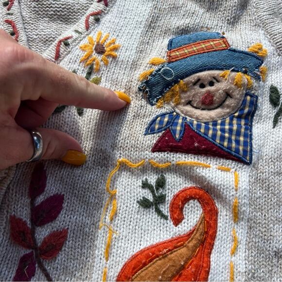 Vintage Fall Scarecrow Squash Pumpkin Knit Sweater Vest Patchwork Sampler LARGE - Picture 3 of 7